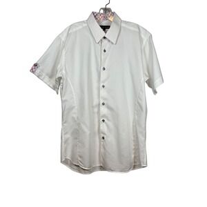 Jared Lang Men's Short Sleeve, Fitted, Pink Plaid Accent Cuff Sleeves, Size  L